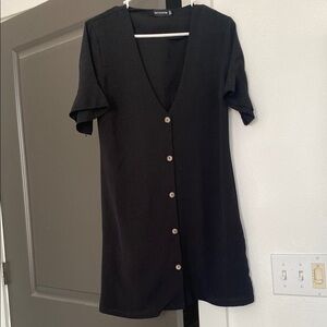 Button-Front Black Short Sleeve Dress